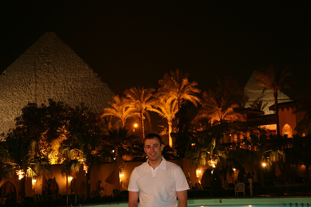 First night in Cairo - a view from the Oberoi Mena House hotel at the foot of the pyramids in Giza.